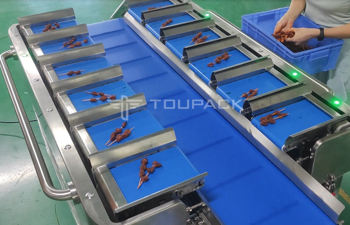 PLC Elektronische Waage Steak Fisch Huhn Meeresfrüchte Garnelen Wurst Gewicht Mehrköpfige Gürtel Fütterung Kombination