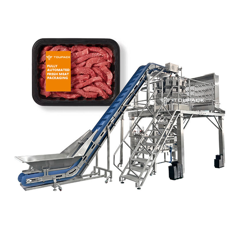 Automatische Tray-Verpackungslinie mit Schraubzufuhr Mehrköpfige Waage für Fleisch, Salate und Fertiggerichte