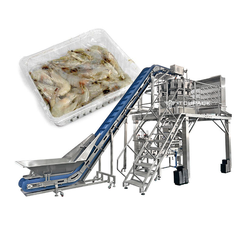 Automatische Tray-Verpackungslinie mit Mehrkopfwaage für Fleischprodukte, frische Garnelen