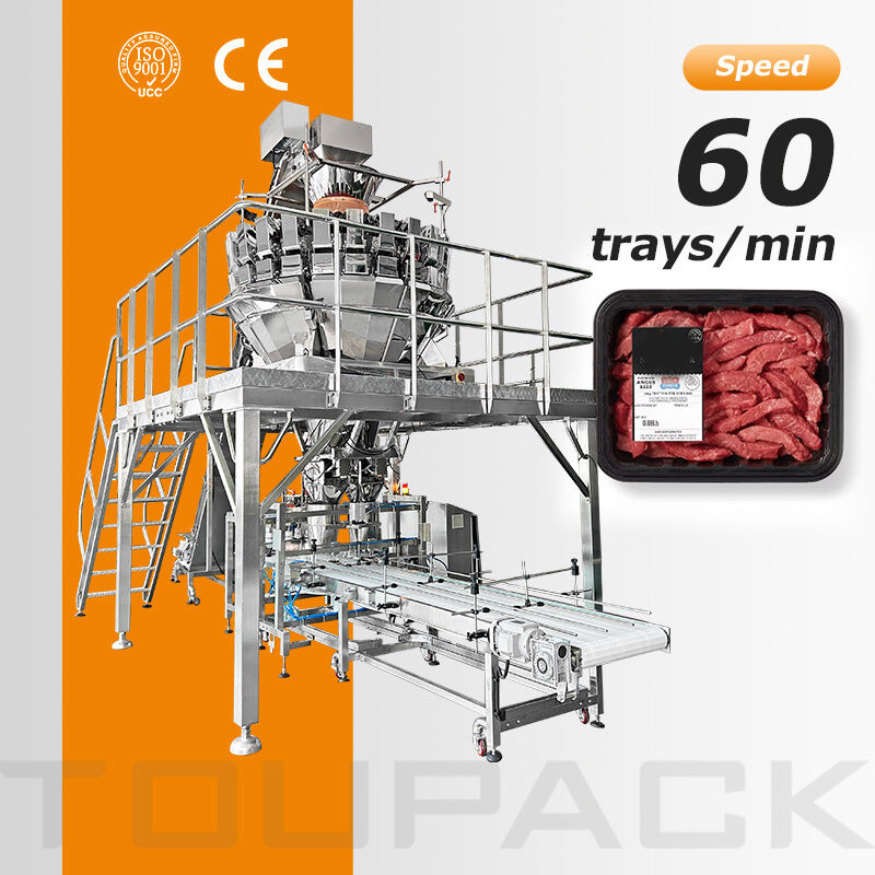 Automatische Tray-Siegelmaschine mit hoher Geschwindigkeit 60 bpm, präzise Wiegen und vollautomatische integrierte Linie für Fertigkostverpackungen