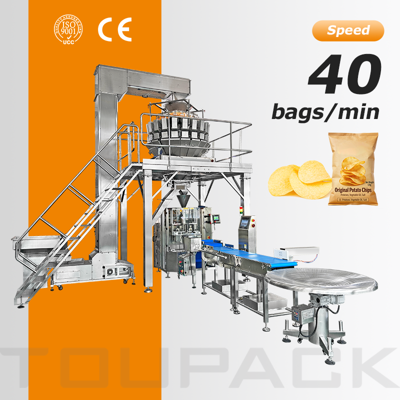 Hochwertige Verpackungslinie für gepuffte Lebensmittel mit Mehrkopfwaage, 30–60 Beutel/Min