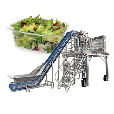 Automatische Salat- und Obstverpackungslinie mit Mehrkopfwaage und Schalenversiegelungsmaschine für Fertiggerichte