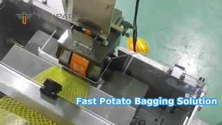 Industrielle Kartoffelnetzbeutel-Verpackungslinie mit automatischer Waage, Netzbeutelbefüllung, Clip und Etikett